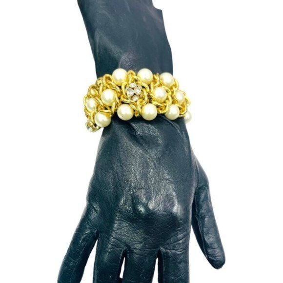 Wide Faux Pearls Crystal Goldtone Weaved Link Stretch Cuff Bridal Mother o Bride - Picture 7 of 10